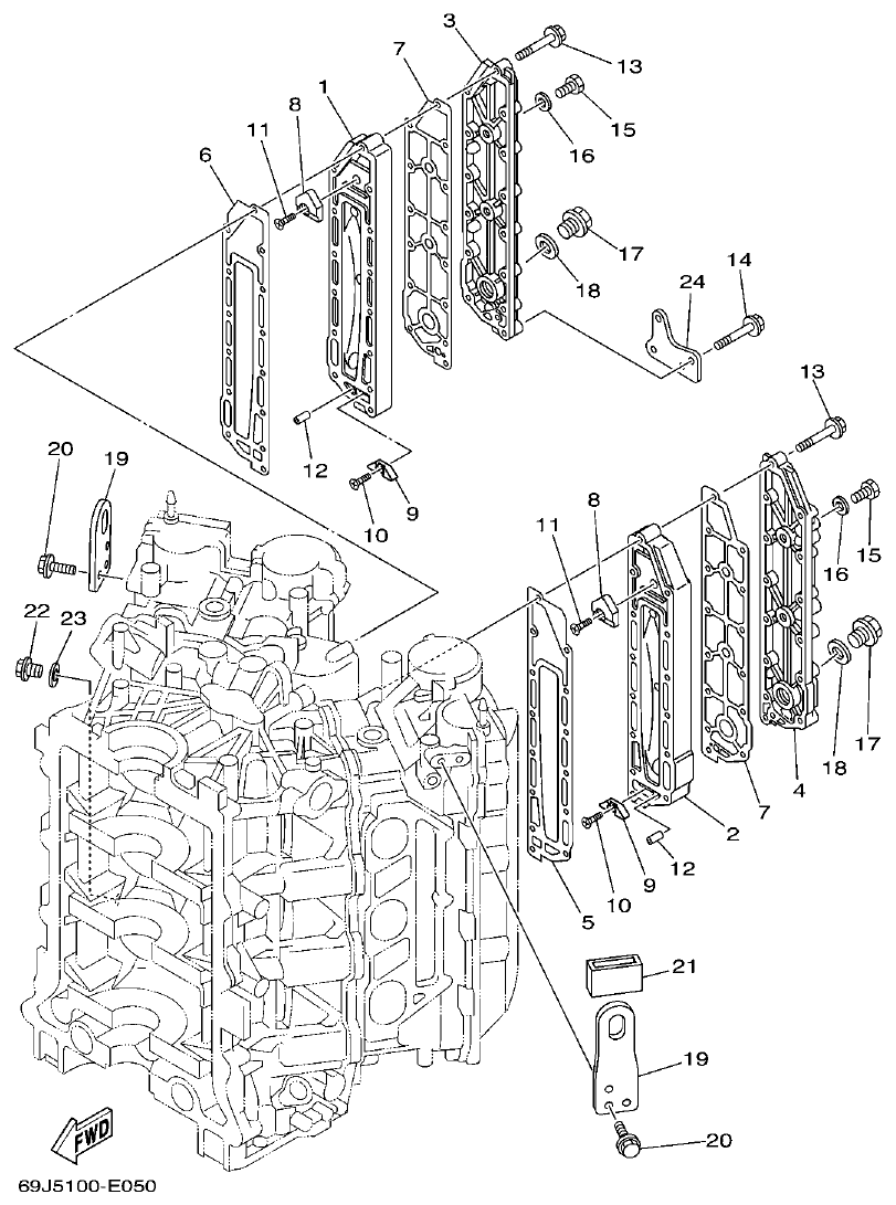Yamaha F200A, F225A, FL200A, FL225A, F225TR, F200TR, LF225TR, LF200TR CYLINDER & CRANKCASE 3 parts diagram